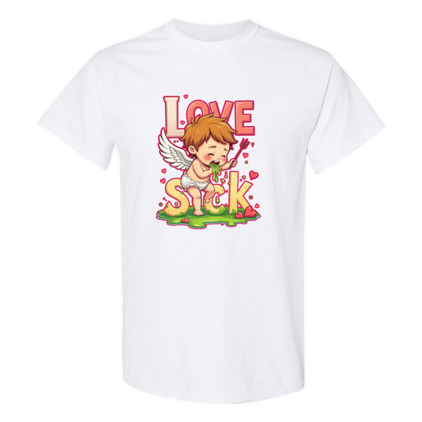 Love Sick Valentine's Day T-Shirt - Cute Cupid Vomiting Hearts - StyleSavvy.xyz