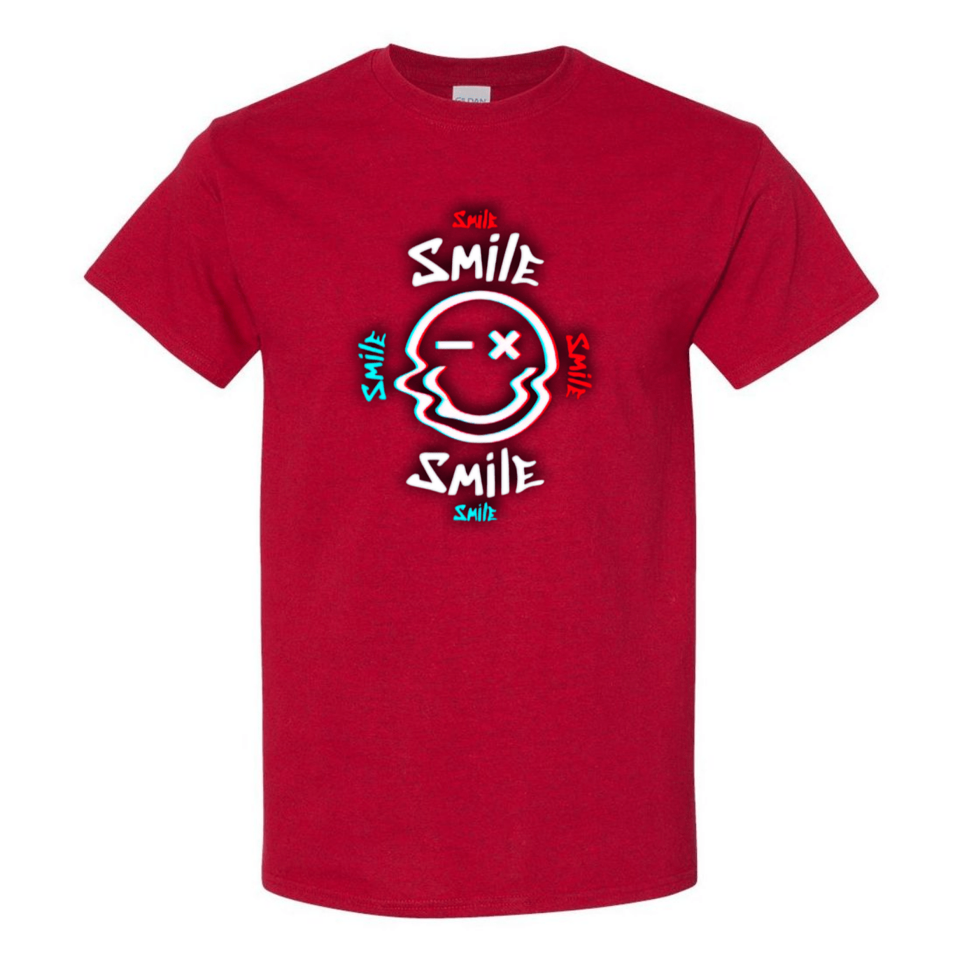 Glitch Smiley Face T-Shirt - Light Blue, Red, and White - StyleSavvy.xyz