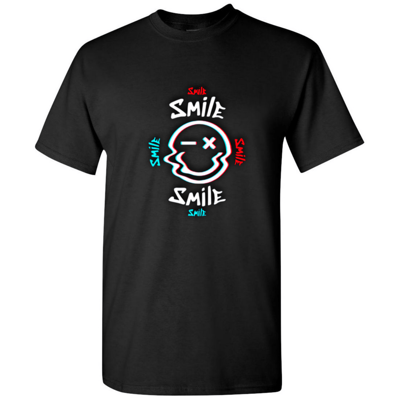 Glitch Smiley Face T-Shirt - Light Blue, Red, and White - StyleSavvy.xyz