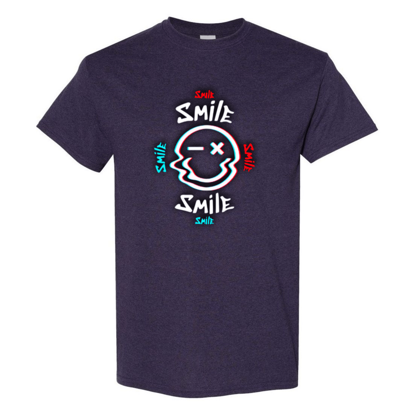 Glitch Smiley Face T-Shirt - Light Blue, Red, and White - StyleSavvy.xyz