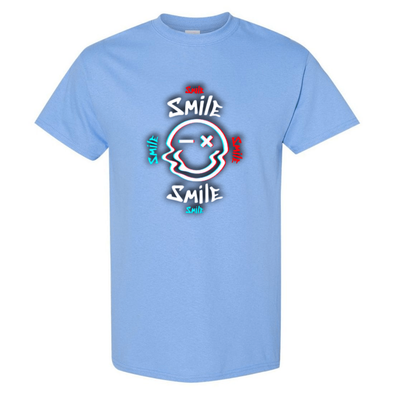 Glitch Smiley Face T-Shirt - Light Blue, Red, and White - StyleSavvy.xyz