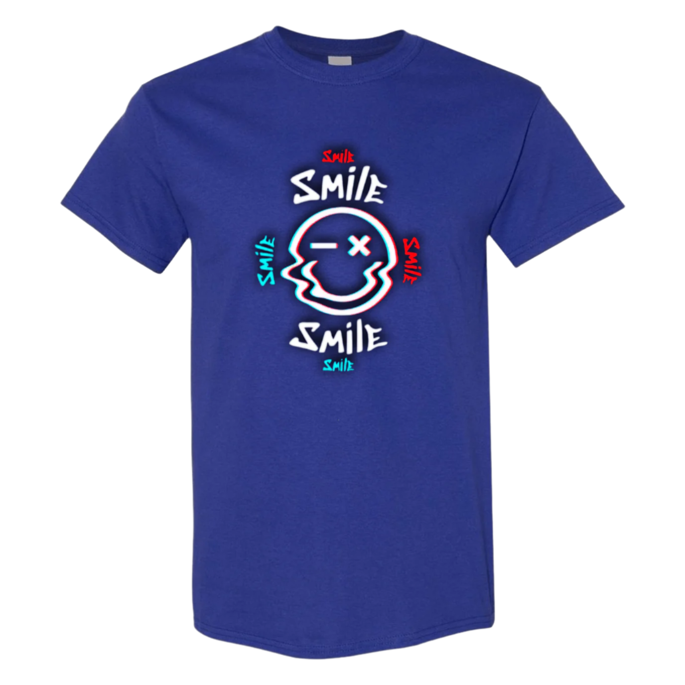 Glitch Smiley Face T-Shirt - Light Blue, Red, and White - StyleSavvy.xyz