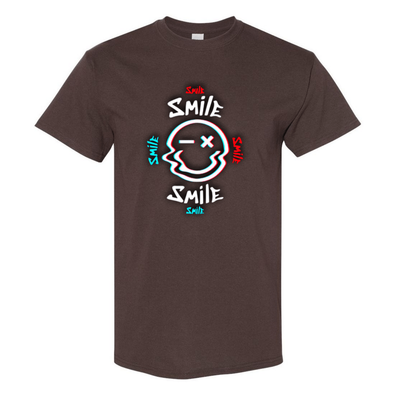 Glitch Smiley Face T-Shirt - Light Blue, Red, and White - StyleSavvy.xyz