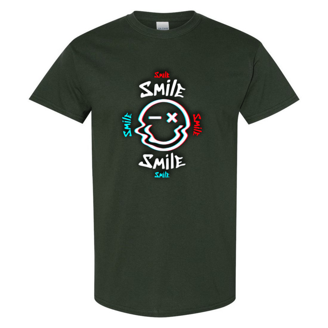 Glitch Smiley Face T-Shirt - Light Blue, Red, and White - StyleSavvy.xyz