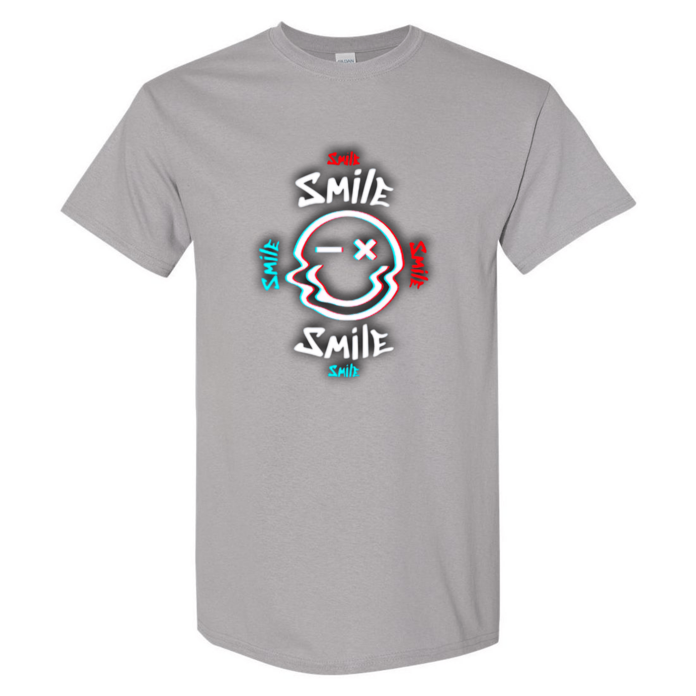 Glitch Smiley Face T-Shirt - Light Blue, Red, and White - StyleSavvy.xyz
