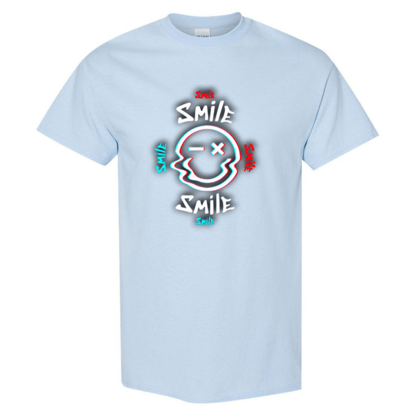 Glitch Smiley Face T-Shirt - Light Blue, Red, and White - StyleSavvy.xyz