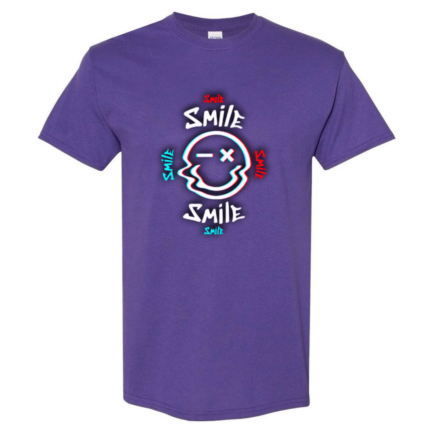 Glitch Smiley Face T-Shirt - Light Blue, Red, and White - StyleSavvy.xyz