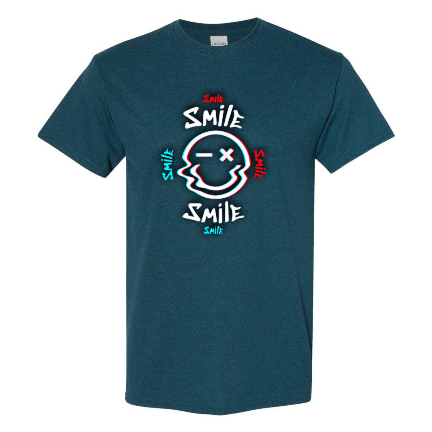 Glitch Smiley Face T-Shirt - Light Blue, Red, and White - StyleSavvy.xyz