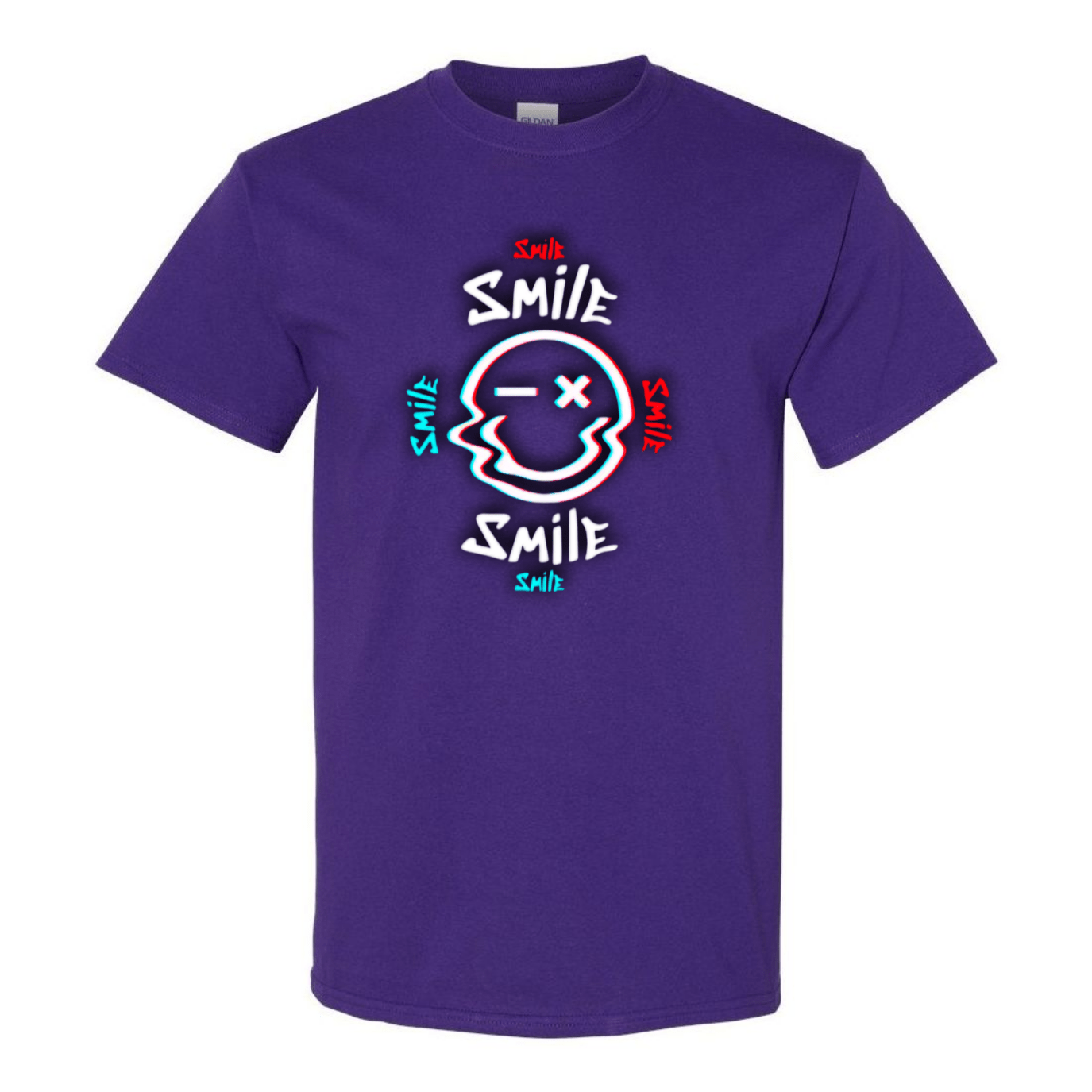 Glitch Smiley Face T-Shirt - Light Blue, Red, and White - StyleSavvy.xyz