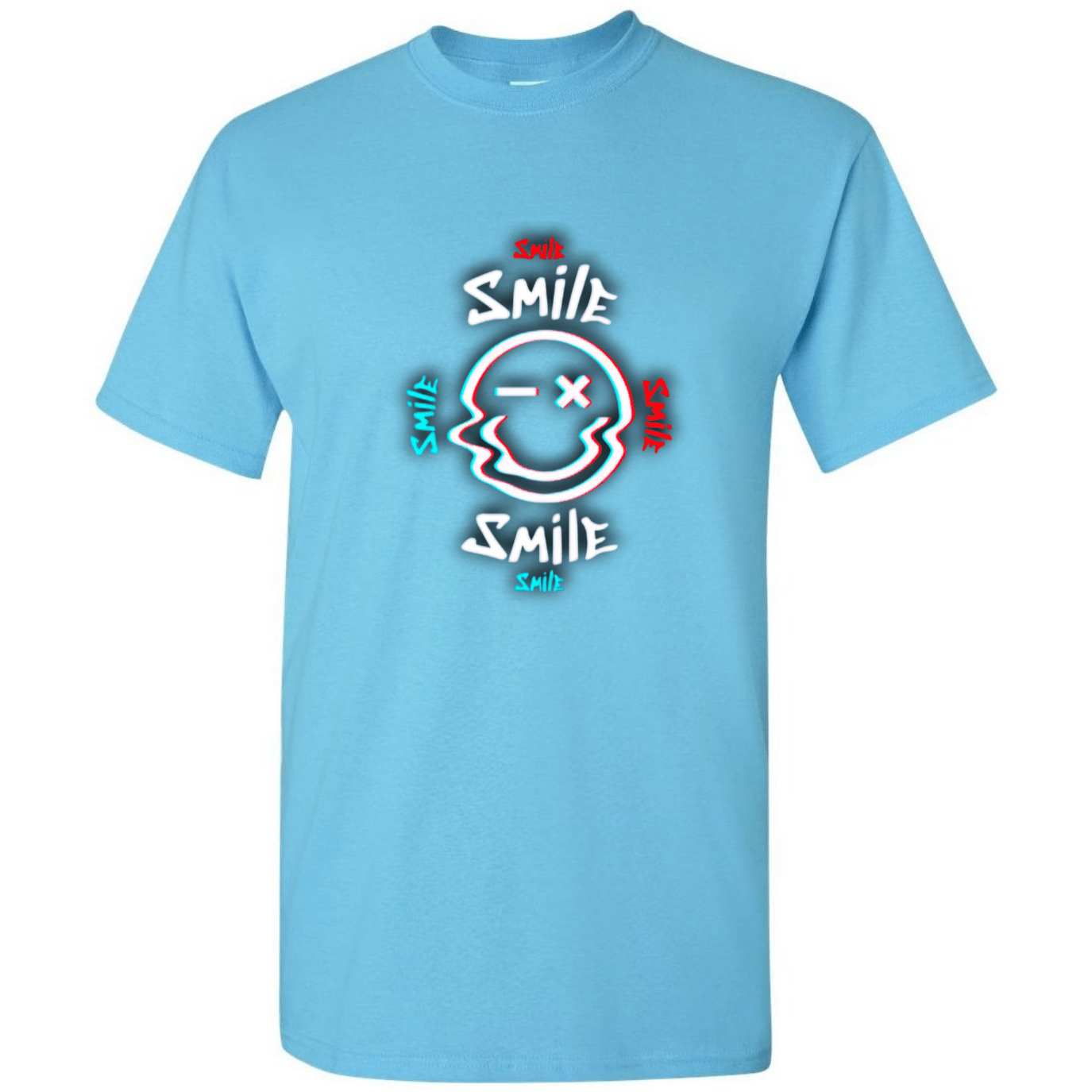 Glitch Smiley Face T-Shirt - Light Blue, Red, and White - StyleSavvy.xyz