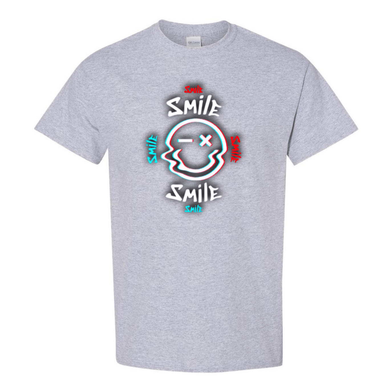Glitch Smiley Face T-Shirt - Light Blue, Red, and White - StyleSavvy.xyz