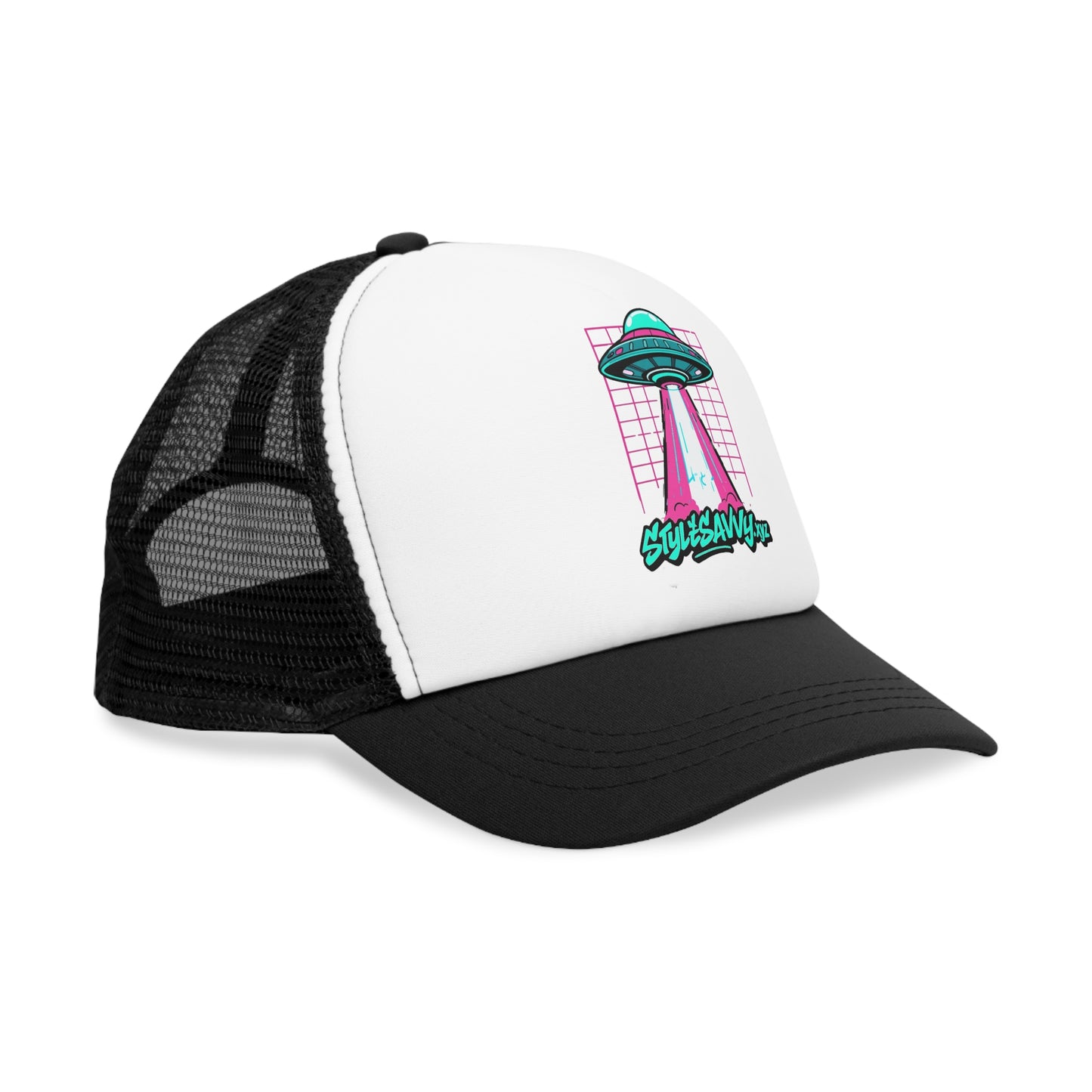Retro Sci - Fi "Beam Me Up, Savvy" Flying Saucer Mesh Cap - StyleSavvy.xyz