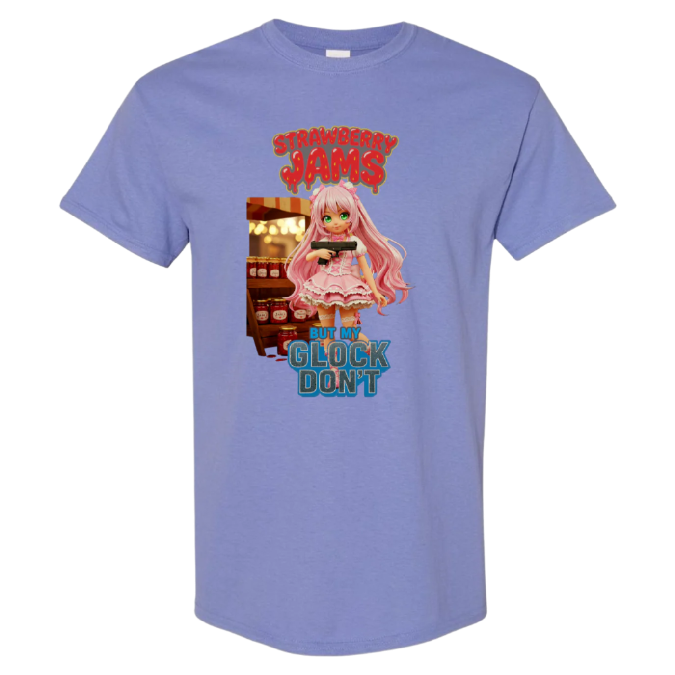 Anime-style girl with pink hair and a frilly pink dress holds a black Glock pistol in front of a market stall with jars labeled "Jam." Above her is the text "STRAWBERRY JAMS" in a dripping red font, and below is "BUT MY GLOCK DON'T" in a contrasting blue and white outlined font.
