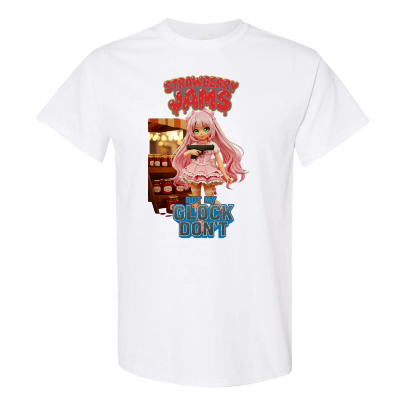 Anime-style girl with pink hair and a frilly pink dress holds a black Glock pistol in front of a market stall with jars labeled "Jam." Above her is the text "STRAWBERRY JAMS" in a dripping red font, and below is "BUT MY GLOCK DON'T" in a contrasting blue and white outlined font.