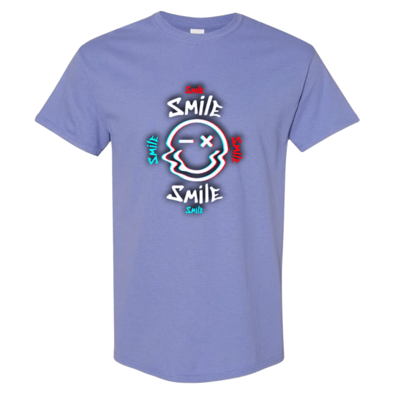Glitch Smiley Face T-Shirt - Light Blue, Red, and White - StyleSavvy.xyz
