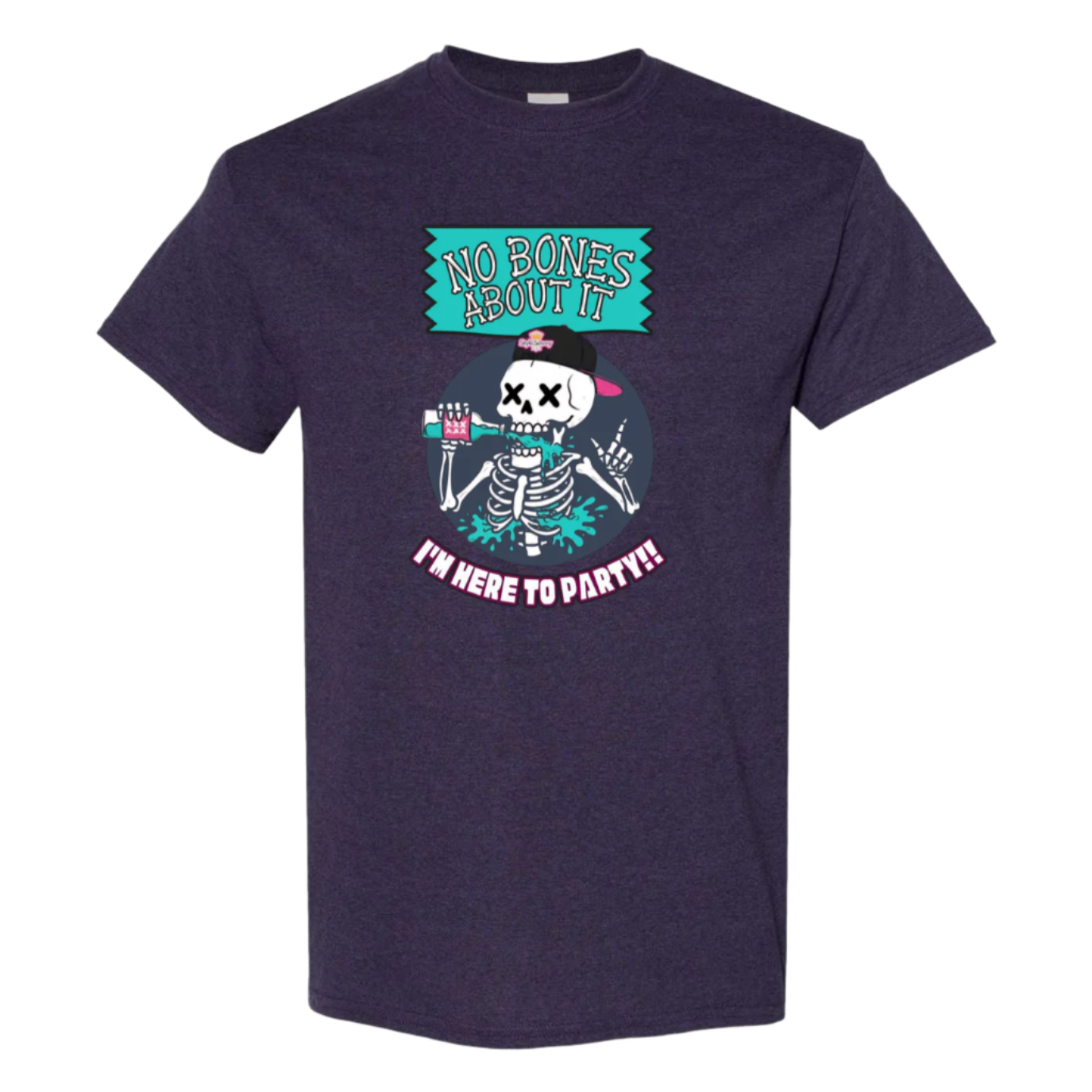 A white t-shirt displays a circular graphic with a dark blue background. Inside, a white skeleton wearing sunglasses and a backwards black and pink baseball cap is drinking a bright blue beverage with pink details from a can. Blue liquid splashes around the skeleton, and it's giving a "rock on" hand gesture. Above the skeleton is the text "NO BONES ABOUT IT" in a teal, banner-like shape, and below is "I'M HERE TO PARTY!!" in a curved, pink, graffiti-style font.