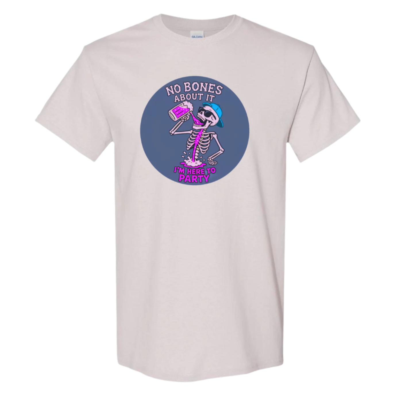 A ice grey t-shirt features a circular graphic with a dark blue background. Inside the circle, a pink skeleton wearing sunglasses and a blue baseball cap is enthusiastically drinking a bright pink, foamy beverage. Pink liquid is splashing around its lower body. Above the skeleton is the text "NO BONES ABOUT IT" in a semi-circular arrangement, and below is "I'M HERE TO PARTY" in a slightly curved, bold font.