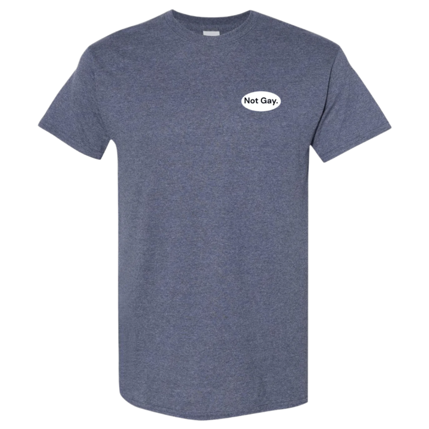 Black t-shirt with a white oval graphic on the chest that reads "Not Gay." in a simple, clear font.