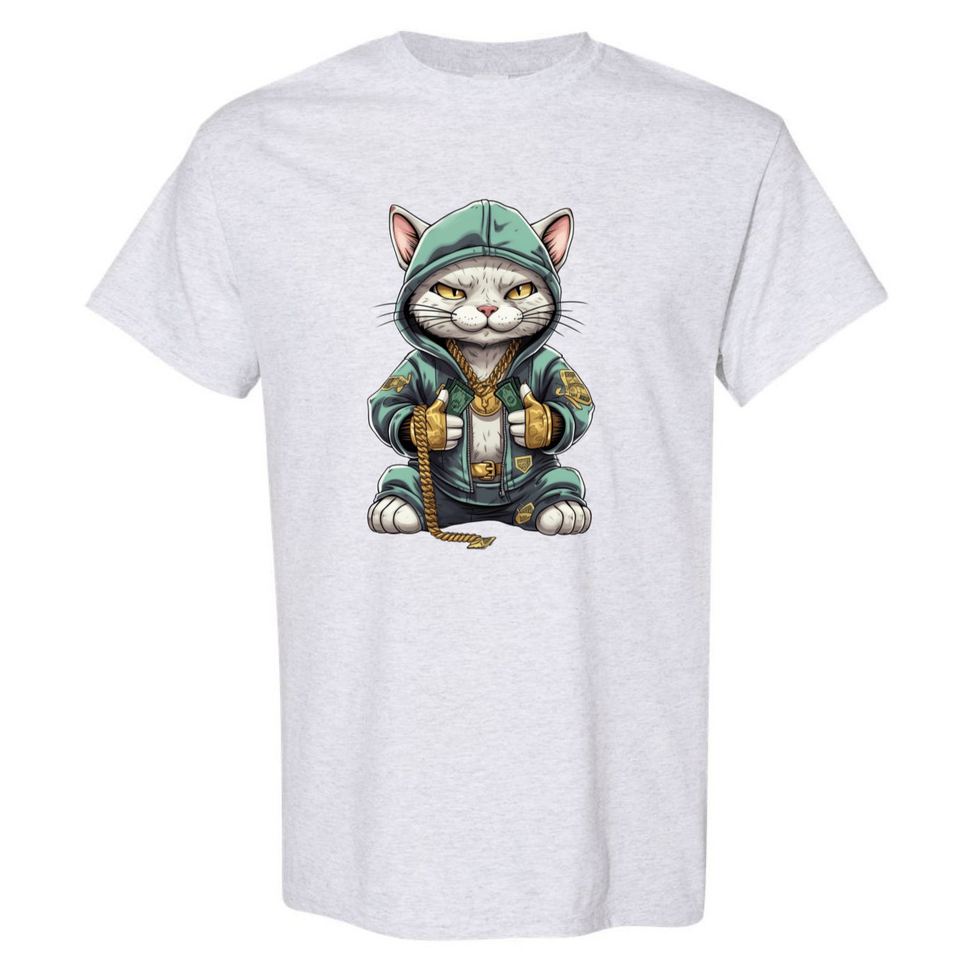 Swaggy Cat: Cartoon Cat with Green Hoodie, Gold Bling, and Stacks of Cash - StyleSavvy.xyz