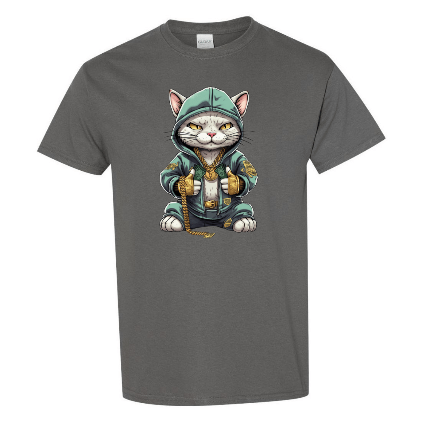 Swaggy Cat: Cartoon Cat with Green Hoodie, Gold Bling, and Stacks of Cash - StyleSavvy.xyz