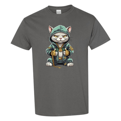Swaggy Cat: Cartoon Cat with Green Hoodie, Gold Bling, and Stacks of Cash - StyleSavvy.xyz
