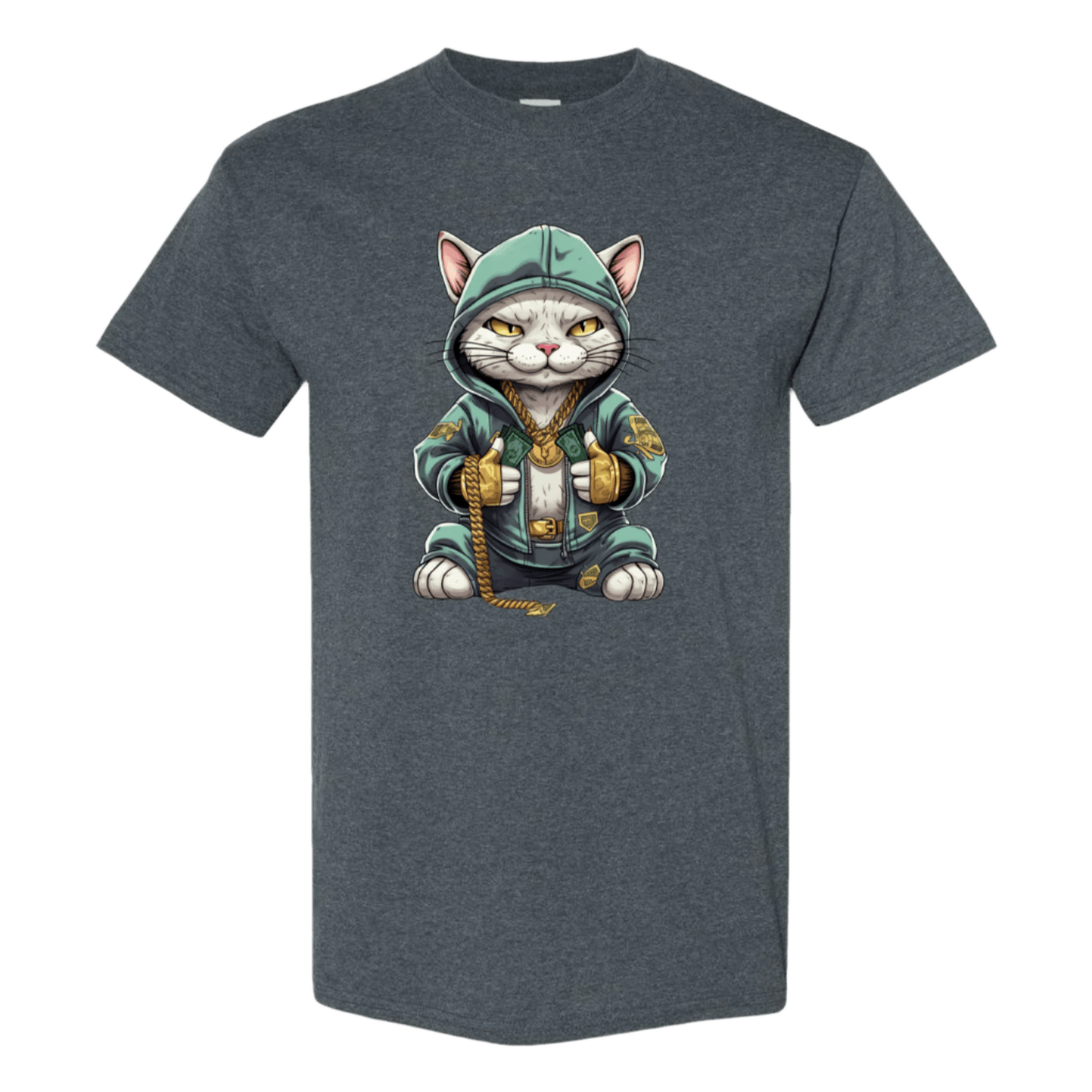 Swaggy Cat: Cartoon Cat with Green Hoodie, Gold Bling, and Stacks of Cash - StyleSavvy.xyz