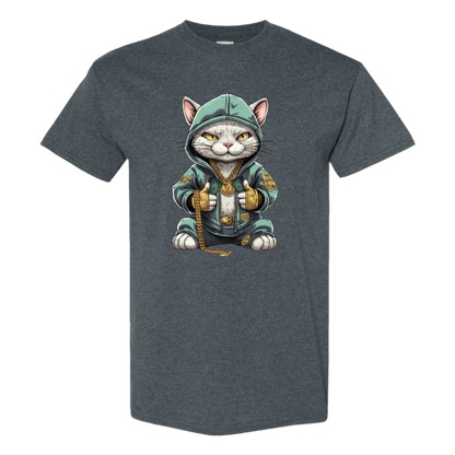 Swaggy Cat: Cartoon Cat with Green Hoodie, Gold Bling, and Stacks of Cash - StyleSavvy.xyz