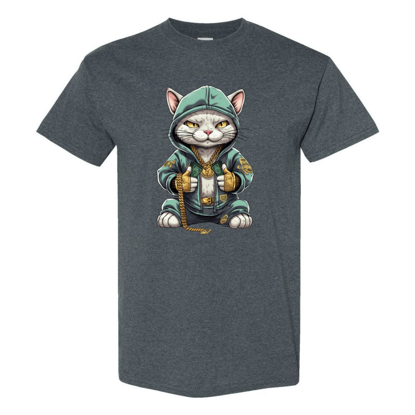 Swaggy Cat: Cartoon Cat with Green Hoodie, Gold Bling, and Stacks of Cash - StyleSavvy.xyz