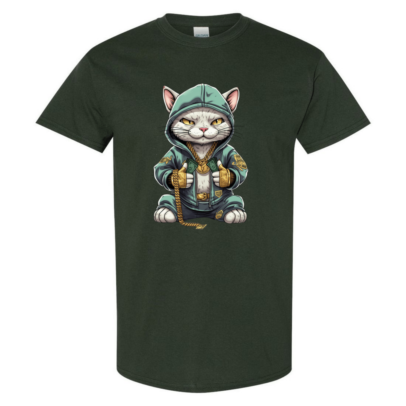 Swaggy Cat: Cartoon Cat with Green Hoodie, Gold Bling, and Stacks of Cash - StyleSavvy.xyz