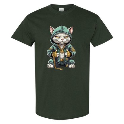 Swaggy Cat: Cartoon Cat with Green Hoodie, Gold Bling, and Stacks of Cash - StyleSavvy.xyz