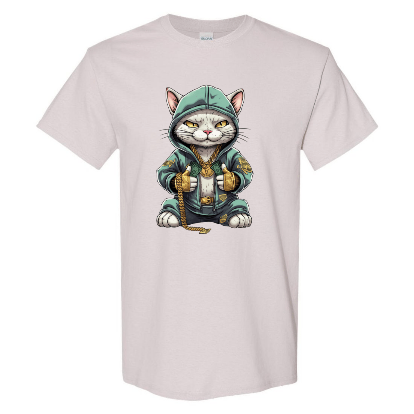 Swaggy Cat: Cartoon Cat with Green Hoodie, Gold Bling, and Stacks of Cash - StyleSavvy.xyz