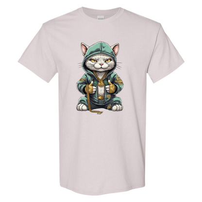 Swaggy Cat: Cartoon Cat with Green Hoodie, Gold Bling, and Stacks of Cash - StyleSavvy.xyz