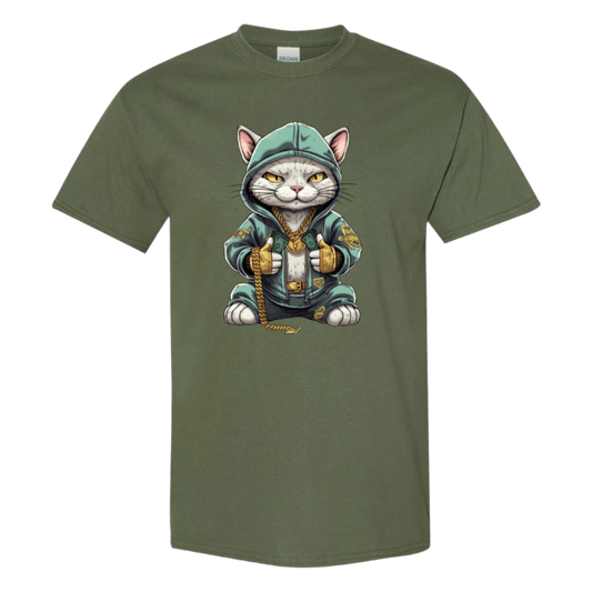 Swaggy Cat: Cartoon Cat with Green Hoodie, Gold Bling, and Stacks of Cash - StyleSavvy.xyz