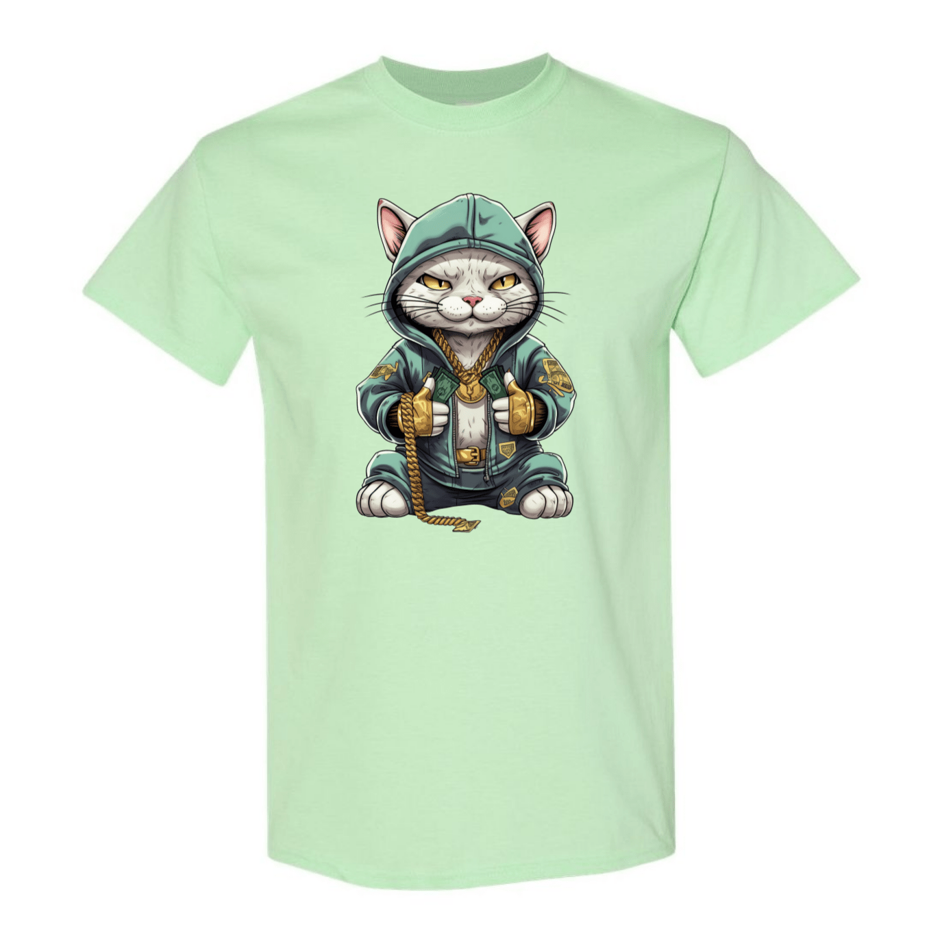 Swaggy Cat: Cartoon Cat with Green Hoodie, Gold Bling, and Stacks of Cash - StyleSavvy.xyz