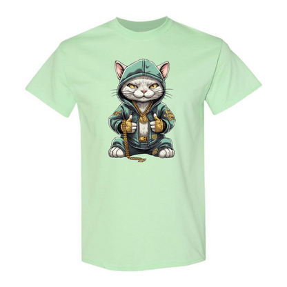 Swaggy Cat: Cartoon Cat with Green Hoodie, Gold Bling, and Stacks of Cash - StyleSavvy.xyz