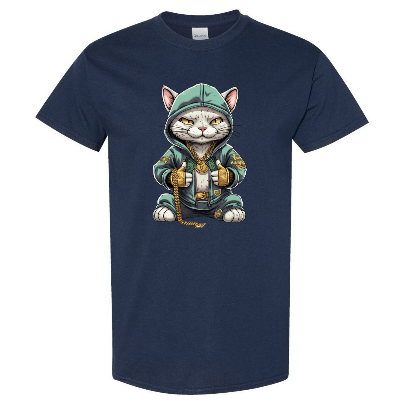 Swaggy Cat: Cartoon Cat with Green Hoodie, Gold Bling, and Stacks of Cash - StyleSavvy.xyz