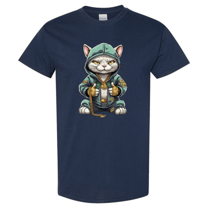 Swaggy Cat: Cartoon Cat with Green Hoodie, Gold Bling, and Stacks of Cash - StyleSavvy.xyz
