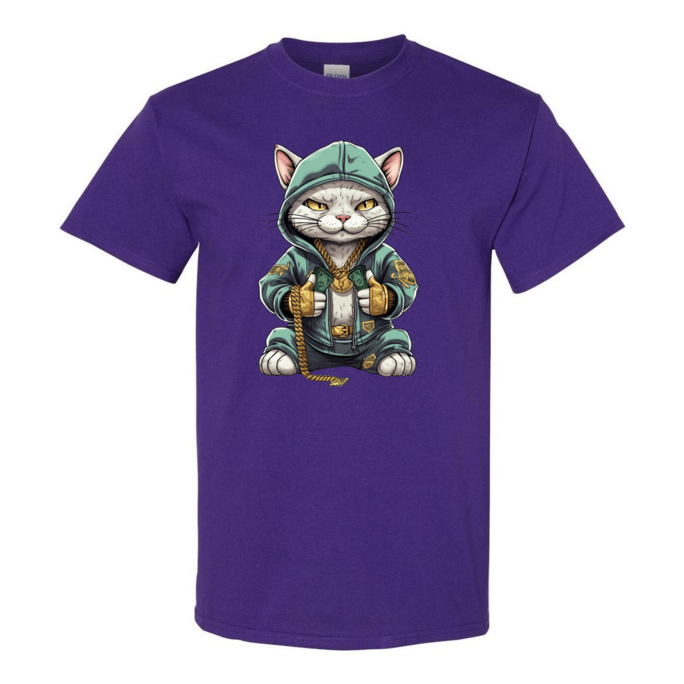 Swaggy Cat: Cartoon Cat with Green Hoodie, Gold Bling, and Stacks of Cash - StyleSavvy.xyz