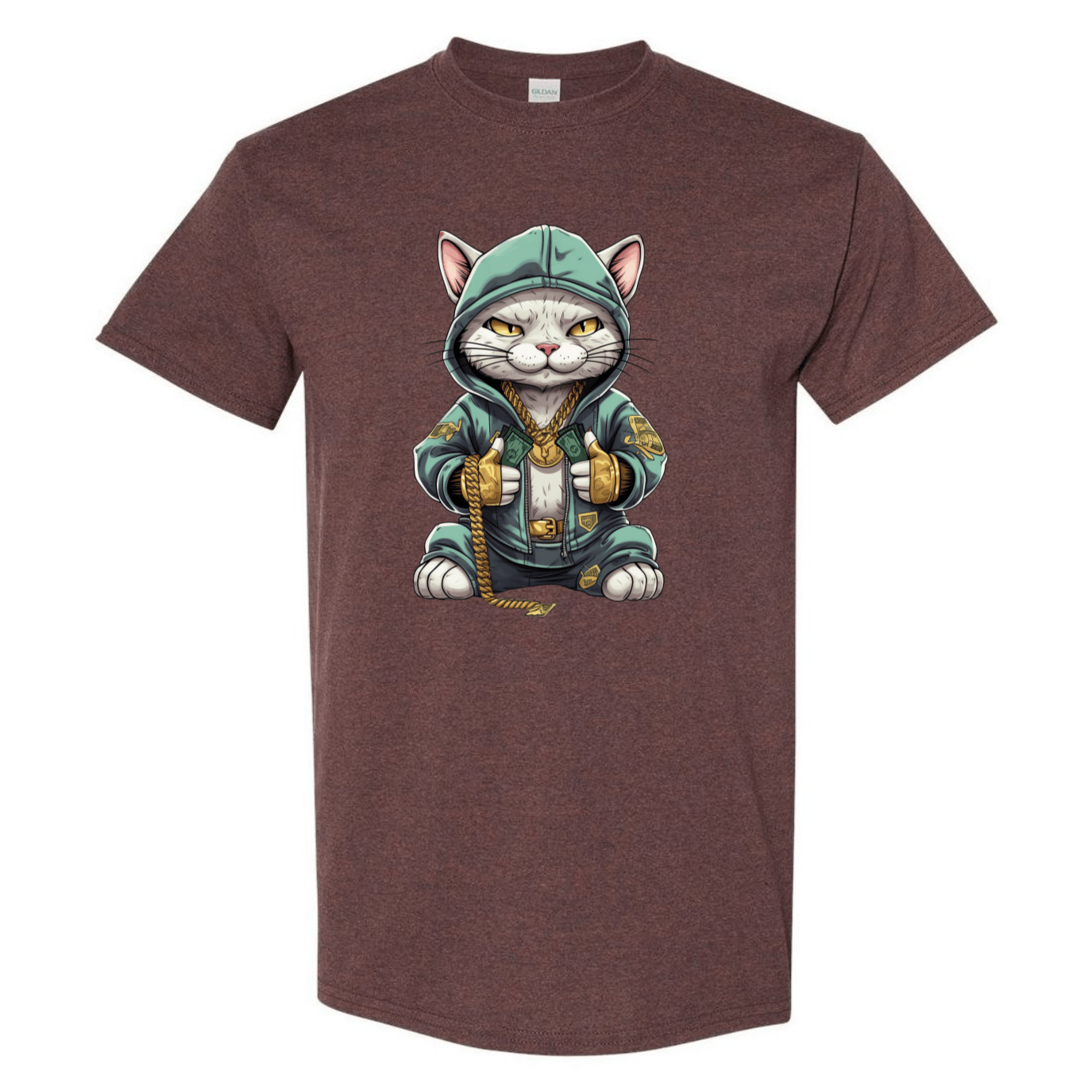 Swaggy Cat: Cartoon Cat with Green Hoodie, Gold Bling, and Stacks of Cash - StyleSavvy.xyz