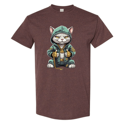 Swaggy Cat: Cartoon Cat with Green Hoodie, Gold Bling, and Stacks of Cash - StyleSavvy.xyz