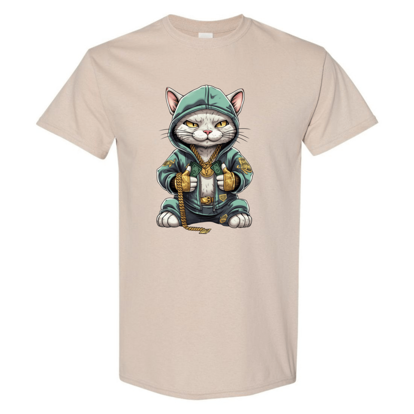Swaggy Cat: Cartoon Cat with Green Hoodie, Gold Bling, and Stacks of Cash - StyleSavvy.xyz
