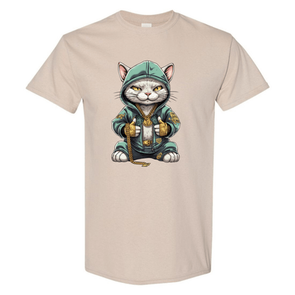 Swaggy Cat: Cartoon Cat with Green Hoodie, Gold Bling, and Stacks of Cash - StyleSavvy.xyz