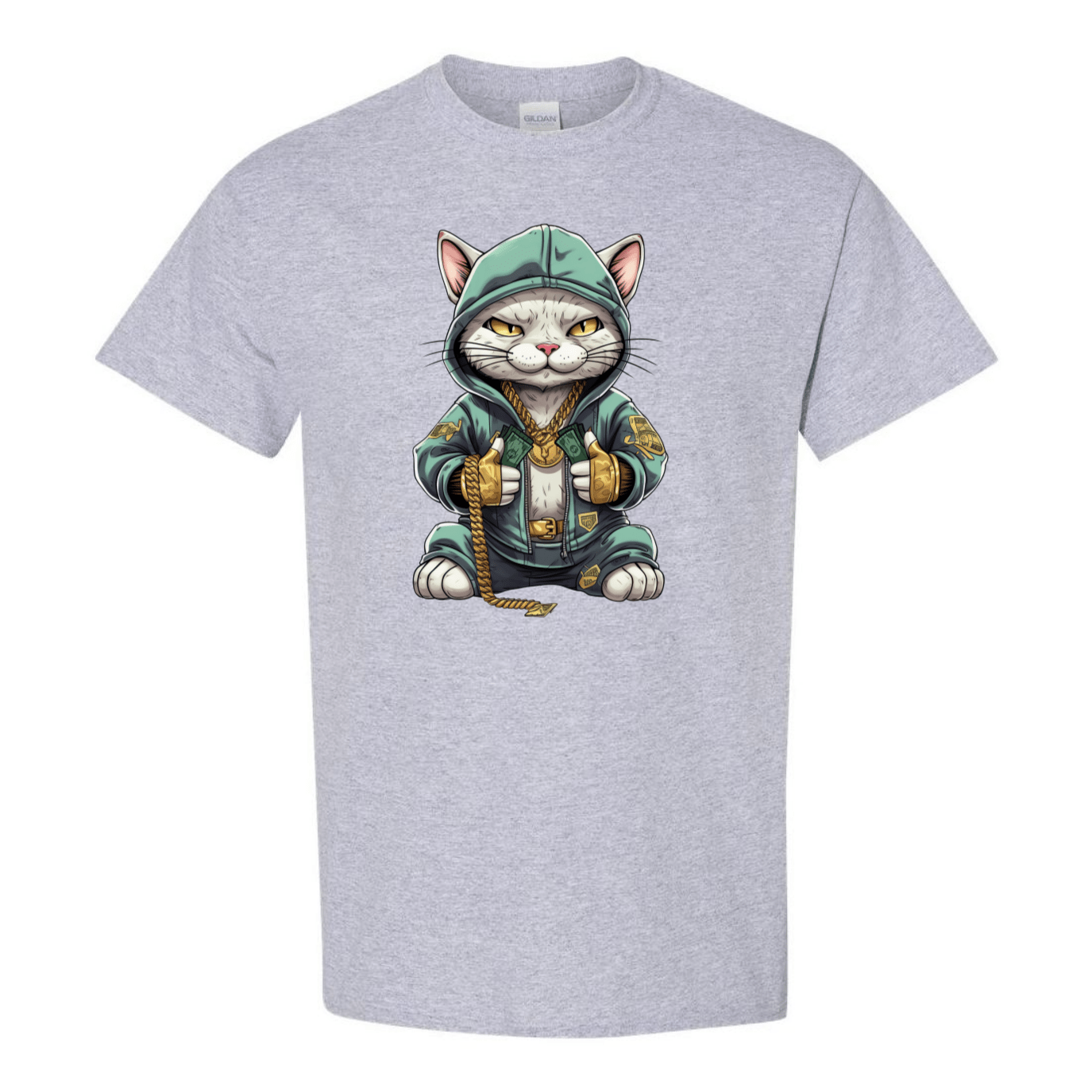 Swaggy Cat: Cartoon Cat with Green Hoodie, Gold Bling, and Stacks of Cash - StyleSavvy.xyz