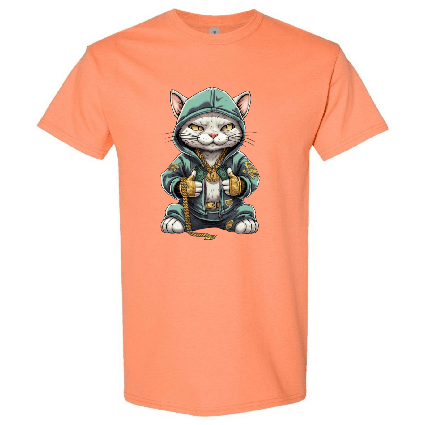 Swaggy Cat: Cartoon Cat with Green Hoodie, Gold Bling, and Stacks of Cash - StyleSavvy.xyz
