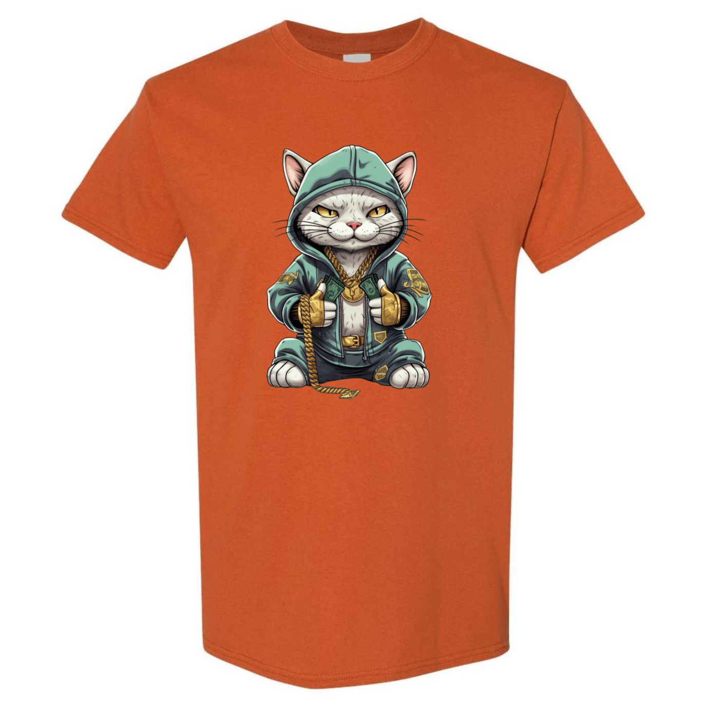 Swaggy Cat: Cartoon Cat with Green Hoodie, Gold Bling, and Stacks of Cash - StyleSavvy.xyz
