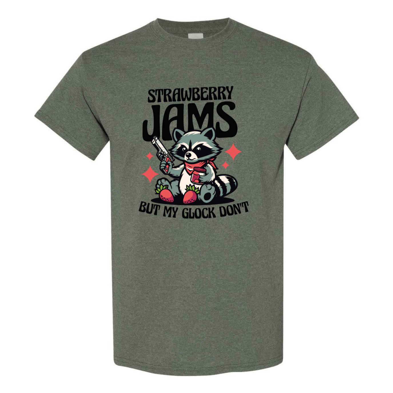 "Strawberry Jams, But My Glock Don't" - Hilarious Raccoon Graphic T-Shirt - StyleSavvy.xyz