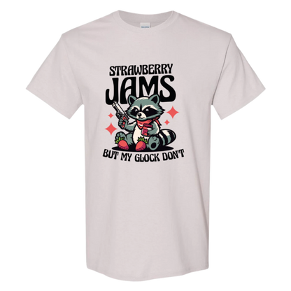 "Strawberry Jams, But My Glock Don't" - Hilarious Raccoon Graphic T-Shirt - StyleSavvy.xyz