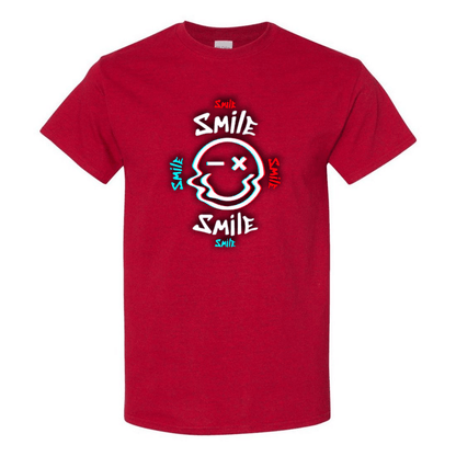 Glitch Smiley Face T-Shirt - Light Blue, Red, and White - StyleSavvy.xyz