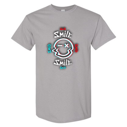 Glitch Smiley Face T-Shirt - Light Blue, Red, and White - StyleSavvy.xyz