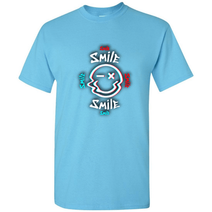 Glitch Smiley Face T-Shirt - Light Blue, Red, and White - StyleSavvy.xyz
